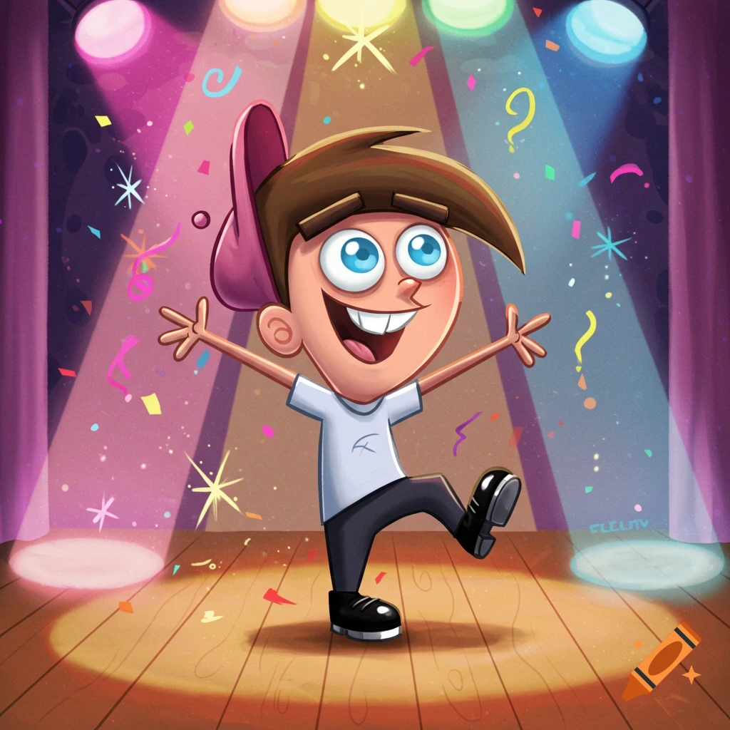 Timmy Turner from Fairly OddParents happily tap dancing on a brightly lit stage with colorful confetti.