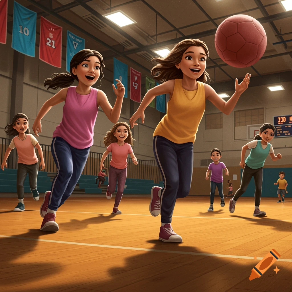Children playing dodgeball in a brightly lit gymnasium, with one girl reaching for a red ball mid-air. Other children run around them on a wooden court.