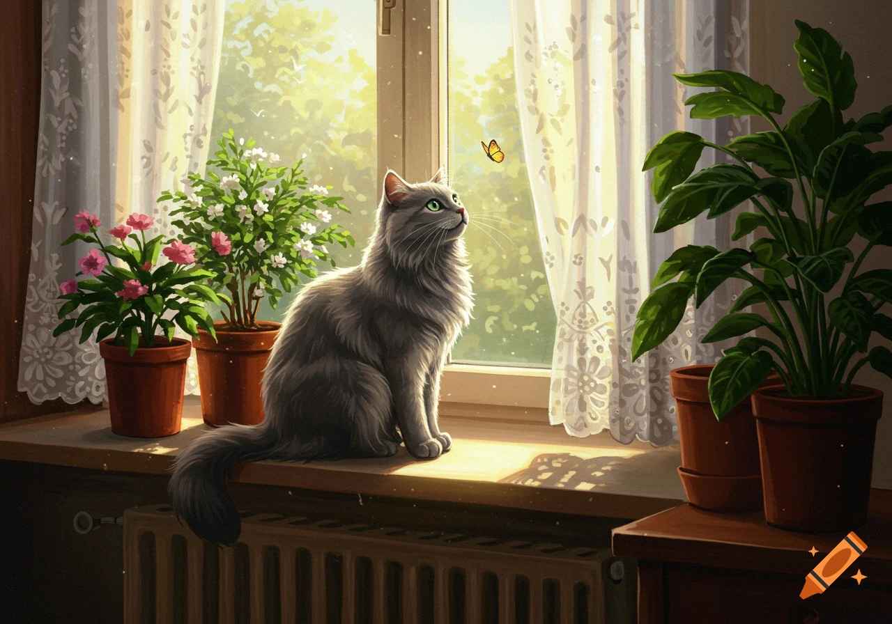 A fluffy gray cat with green eyes sits on a sunlit windowsill, looking up at a yellow butterfly, surrounded by potted plants.