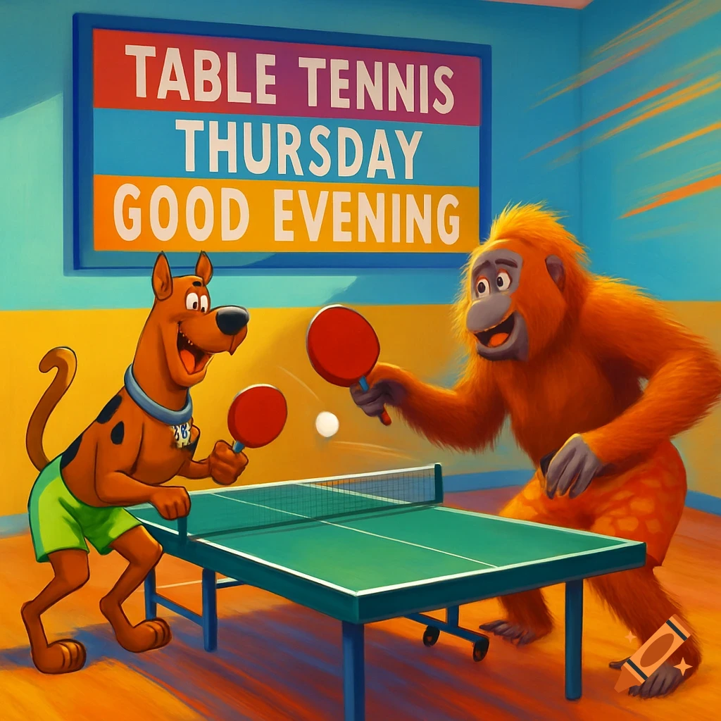 Scooby Doo and an orangutan playing table tennis under a sign that says 'Table Tennis Thursday Good Evening'.