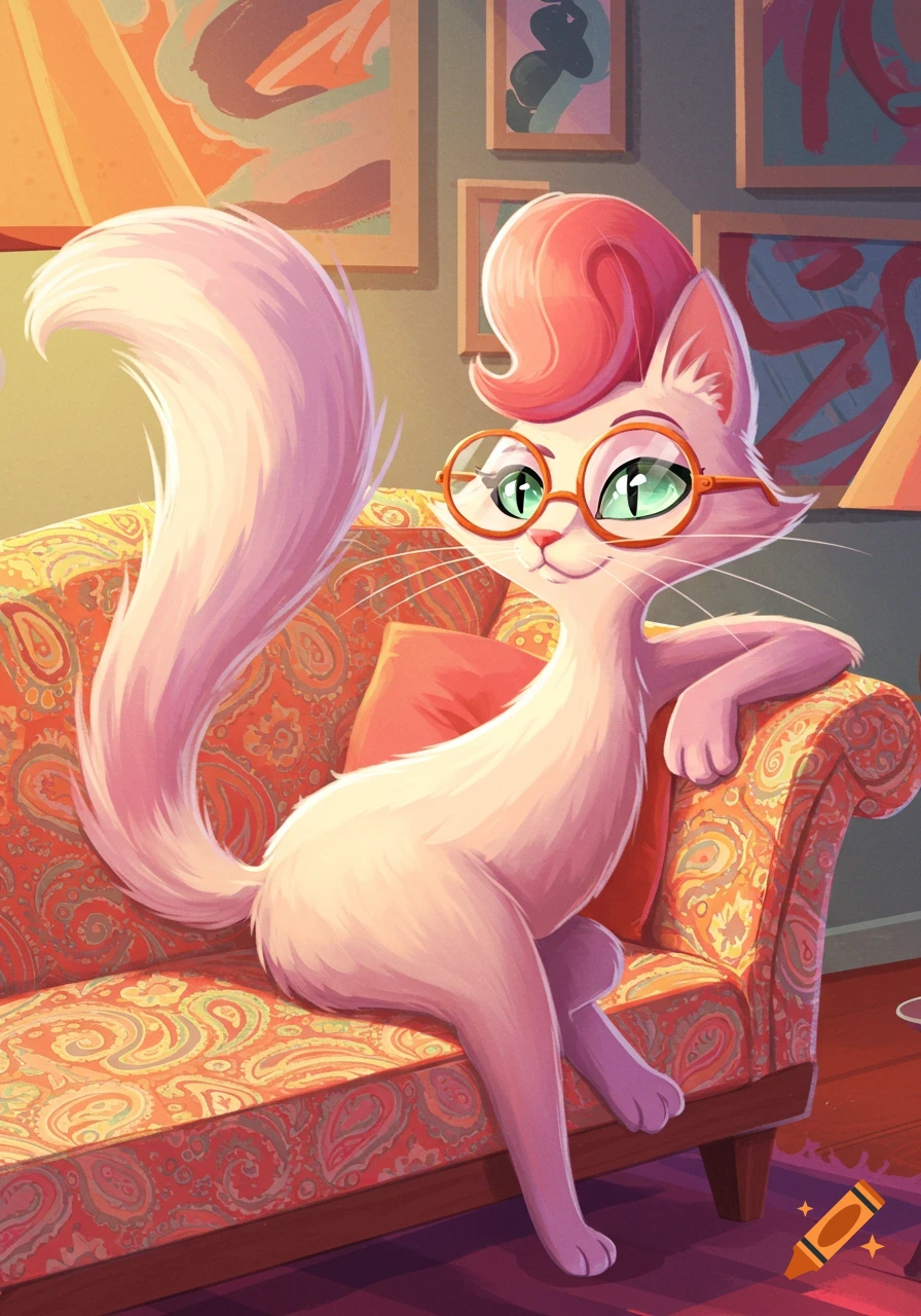 A sassy cartoon cat with pink fur, a pompadour, and oversized glasses sits on a paisley couch.