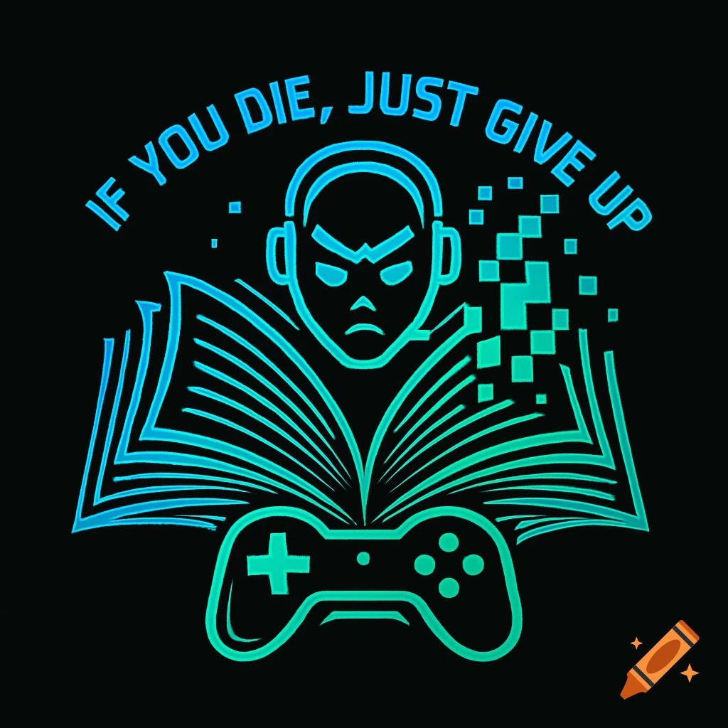A neon blue and green logo shows an angry, stylized person in headphones above an open book and a game controller. The text "IF YOU DIE, JUST GIVE UP" arcs above.