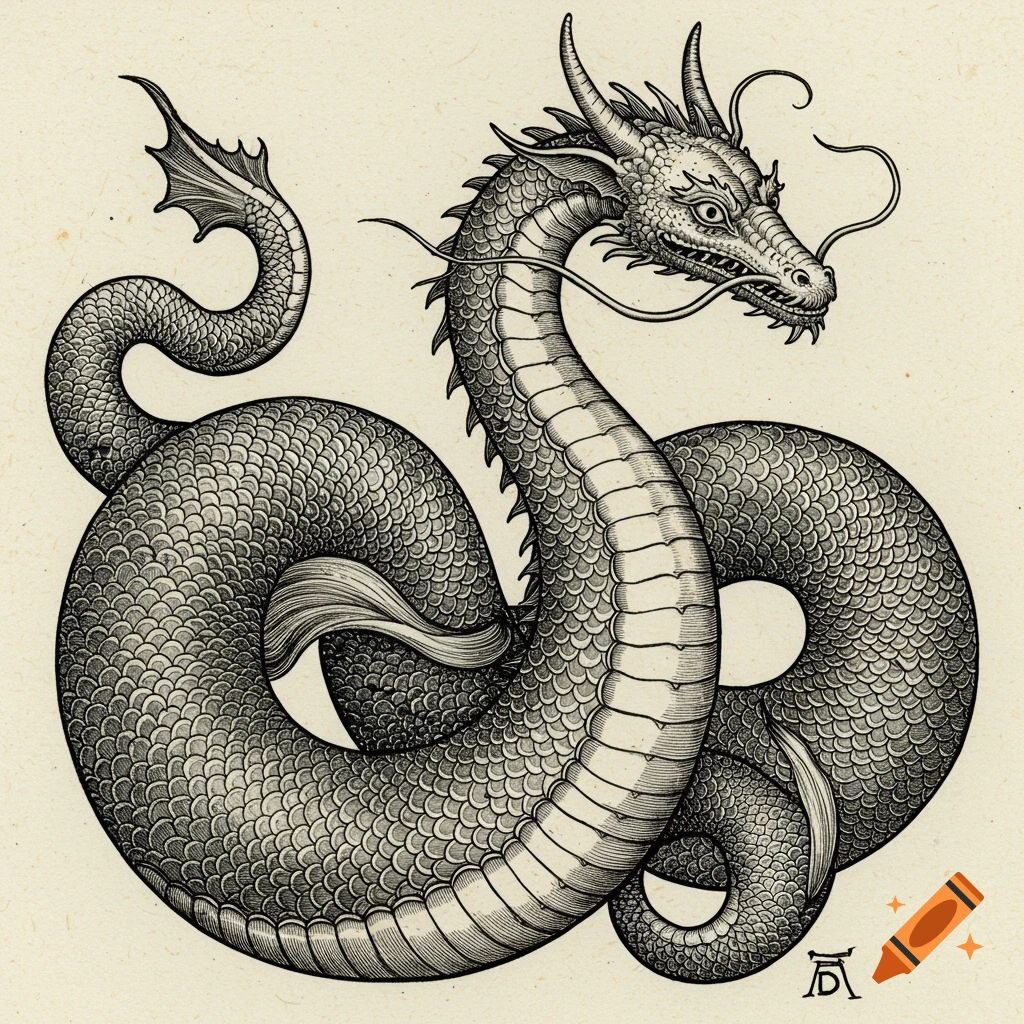 Detailed black and white engraving of a coiled, scaled dragon with horns and whiskers, on textured paper.