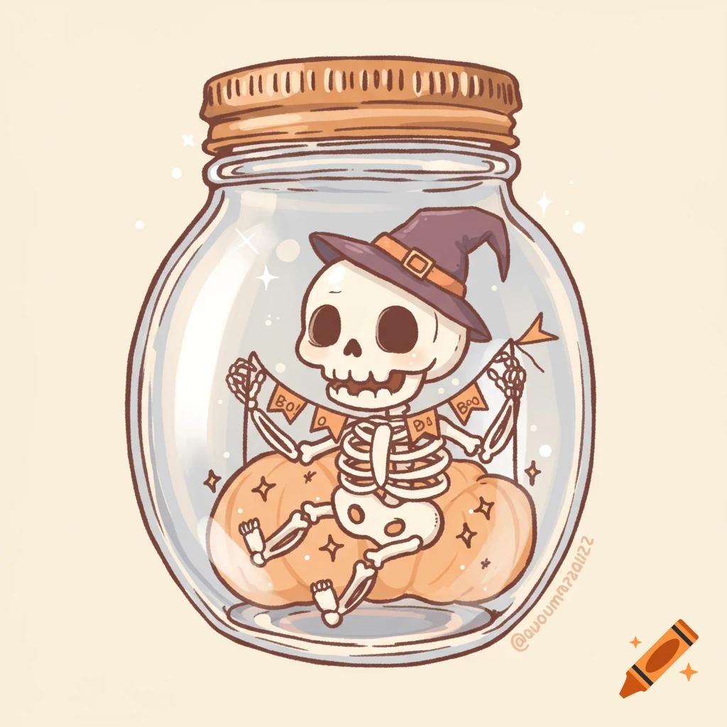 A cute cartoon skeleton wearing a witch hat sits on pumpkins inside a glass jar, holding a 'BOO!' banner.