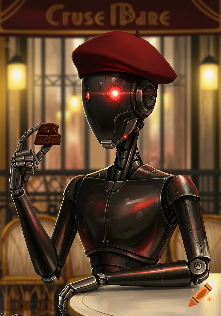 A dark metallic robot with glowing red eyes and a red beret sits at a cafe table, holding a piece of chocolate.