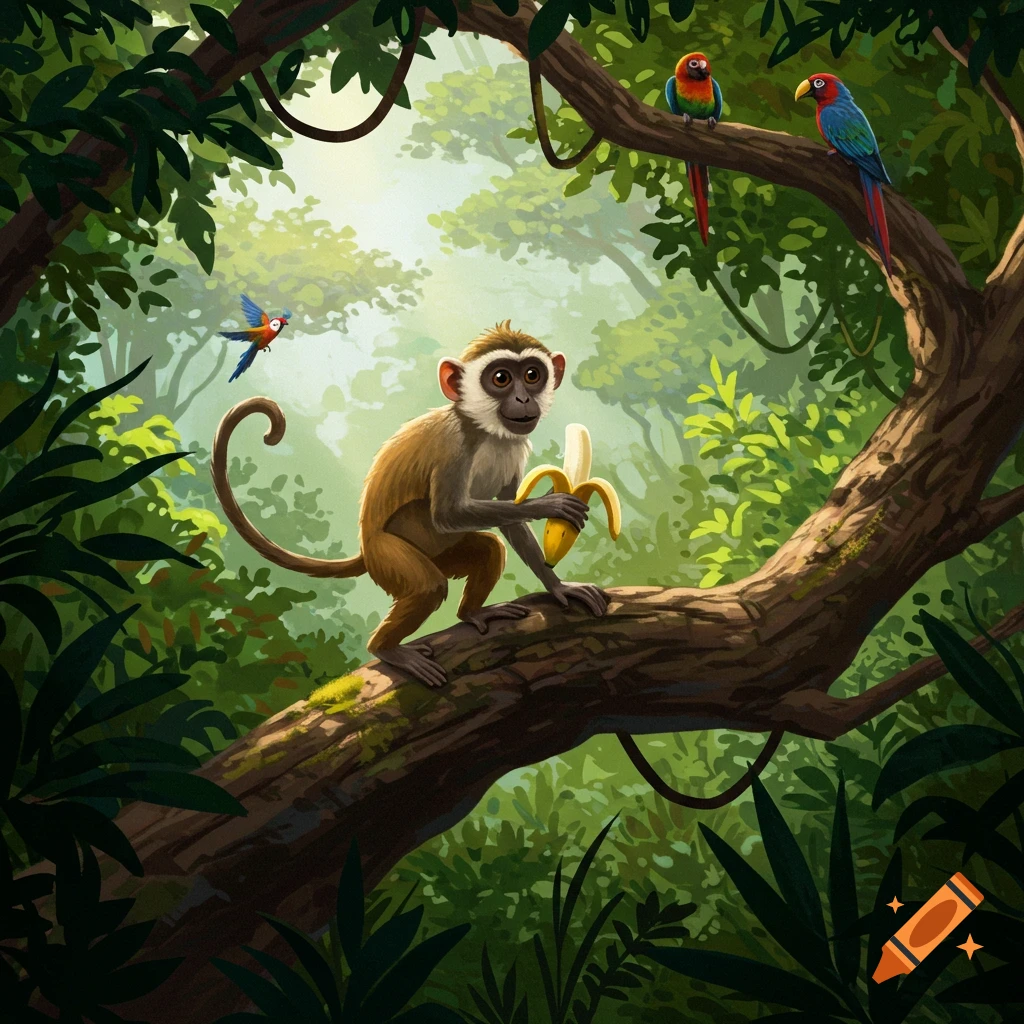 An illustrative monkey holding a banana on a jungle tree branch, with parrots and a flying bird.