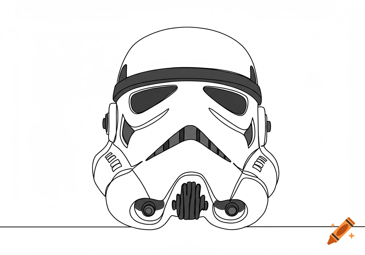A continuous single line drawing of a white and grey Stormtrooper helmet against a white background.