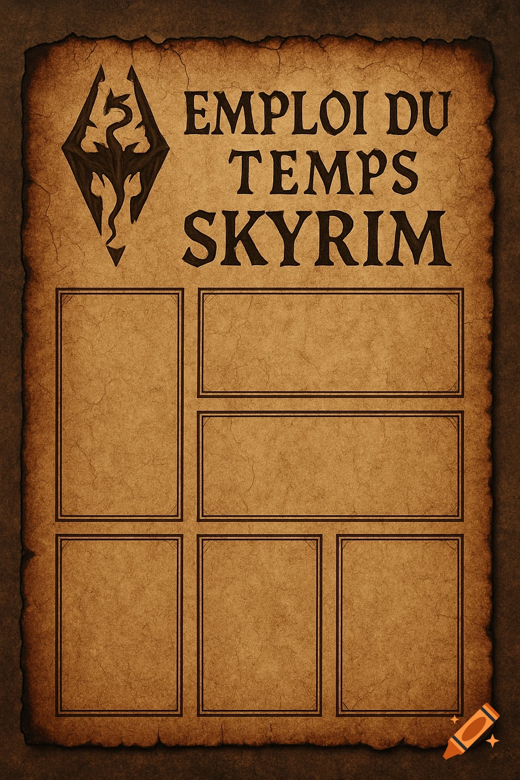 An old, cracked brown parchment in Skyrim style featuring the dragon logo, 'EMPLOI DU TEMPS SKYRIM' title, and empty rectangular frames.
