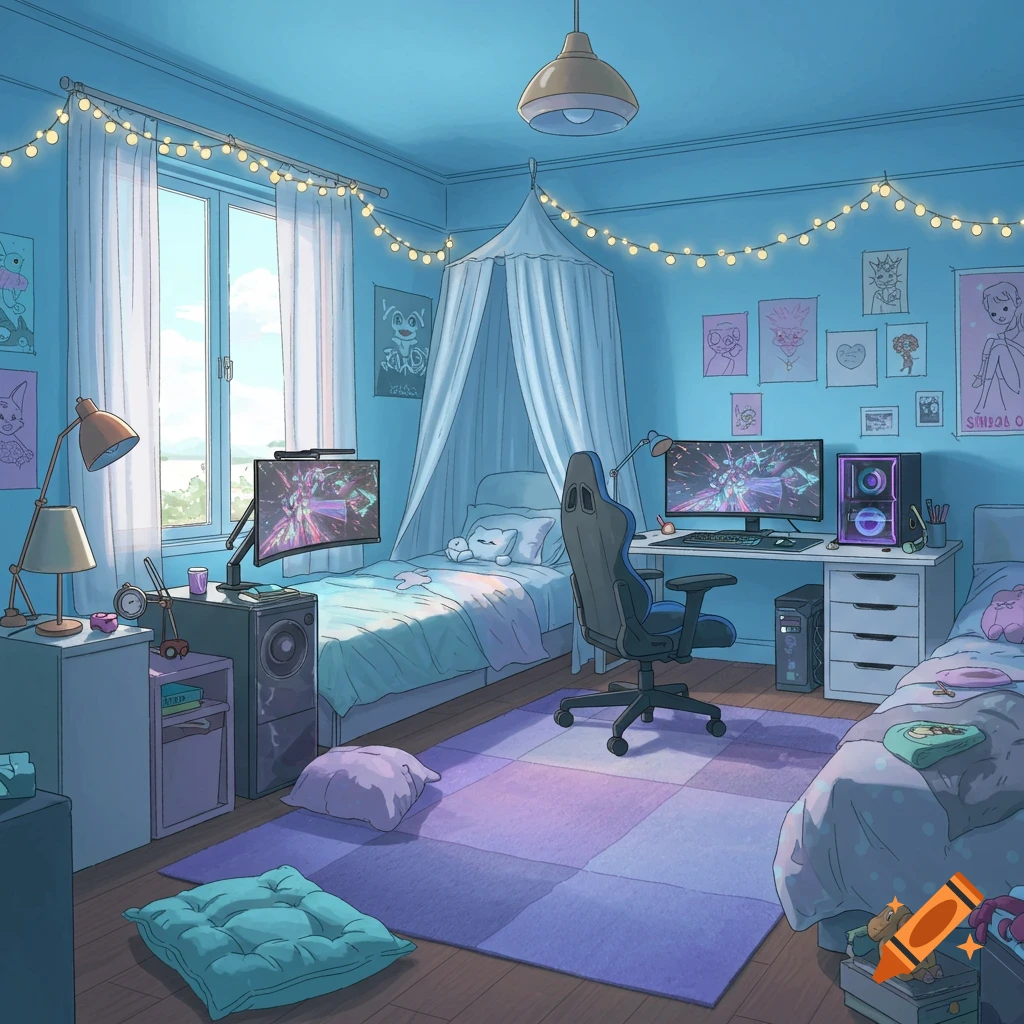 A cartoon illustration of a blue-themed teenager's bedroom with two beds, a gaming desk, window, fairy lights, and posters.