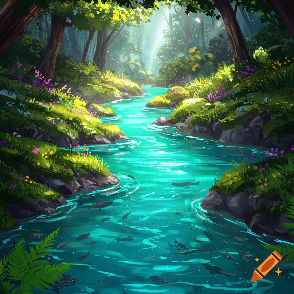 A vibrant fantasy forest scene with a glowing teal river flowing through lush green banks, sunbeams filtering through the trees.