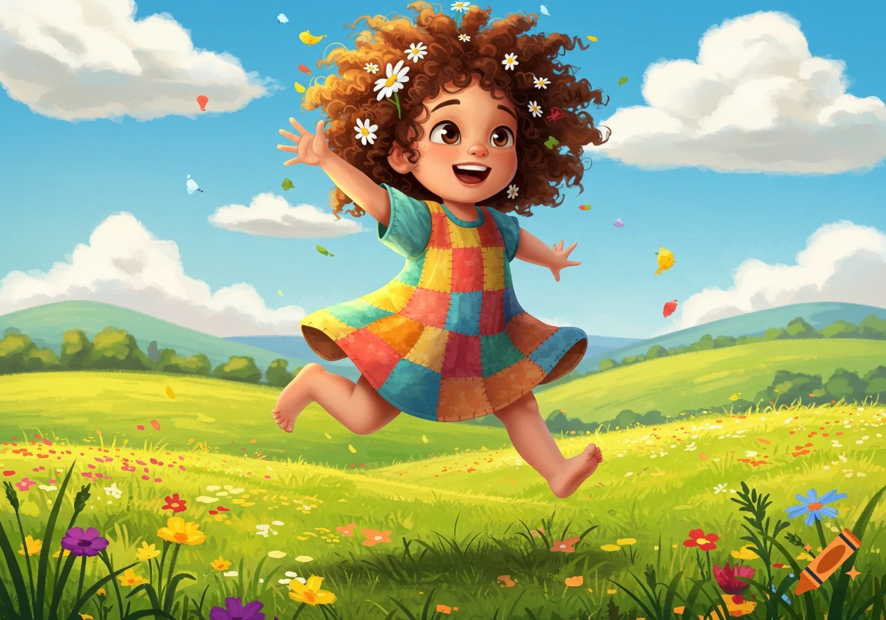 A joyful cartoon child with curly hair and a colorful patchwork dress runs barefoot through a vibrant flower-filled green field under a blue sky.
