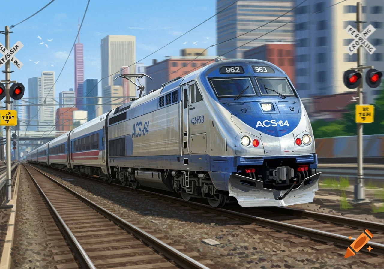 A silver and blue train with "ACS-64" on its side travels on railroad tracks through a city with tall buildings under a blue sky, with railway crossing signs.