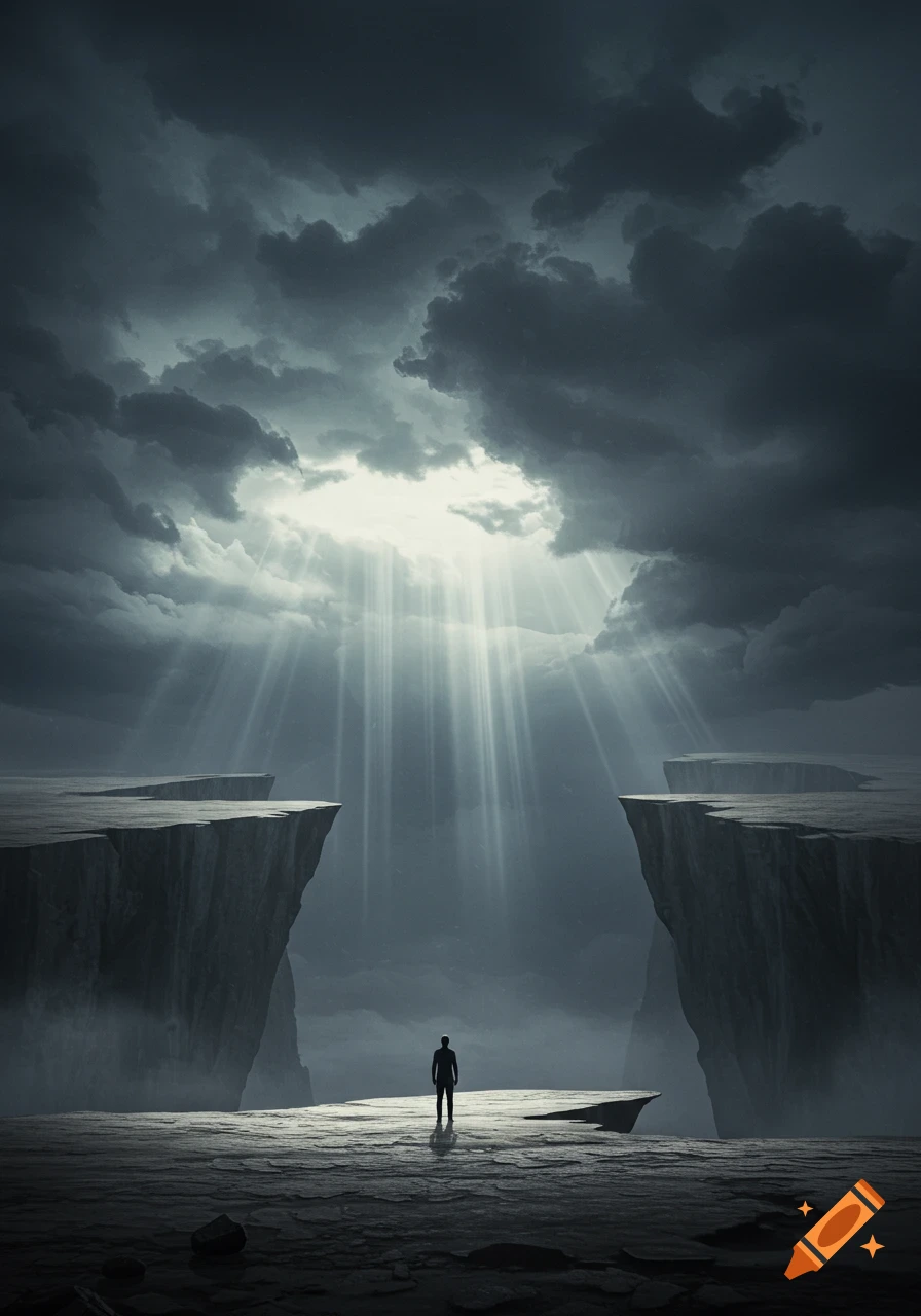 A lone figure stands on a cliff edge overlooking a chasm, under a dark, cloudy sky with light rays breaking through.