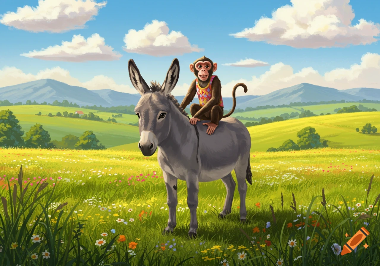 A cartoon monkey in a colorful vest rides a grey donkey through a vibrant green meadow under a blue, cloudy sky.