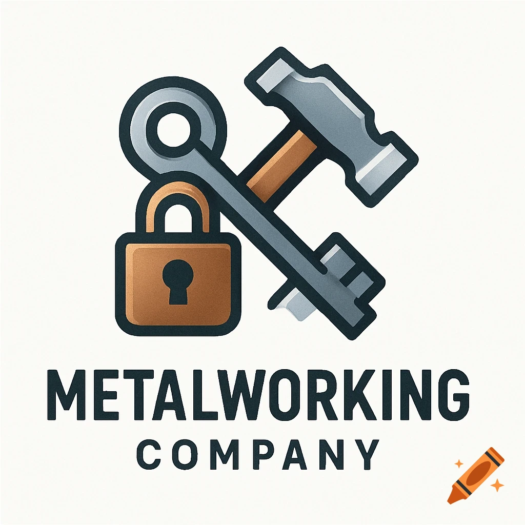 Stylized logo for a metalworking company featuring a padlock, key, and hammer with 'METALWORKING COMPANY' text.