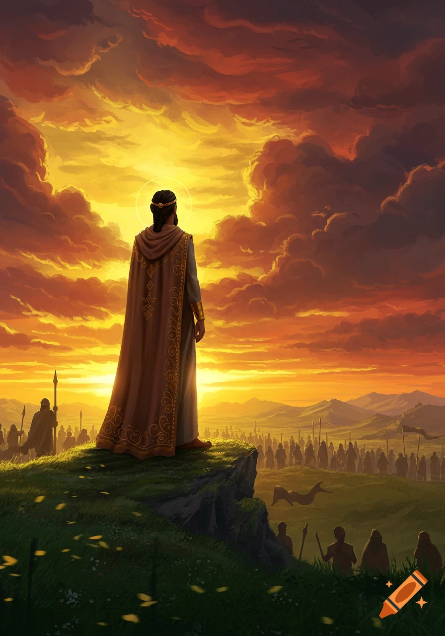A robed leader with a halo stands on a cliff overlooking a vast army or crowd at a dramatic sunset, epic landscape.