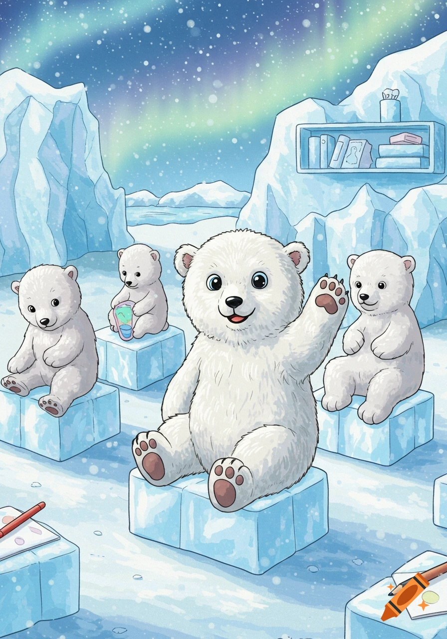 A group of cute, cartoon polar bear cubs, one waving, another holding a tablet, sitting on ice blocks in an arctic landscape under an aurora.