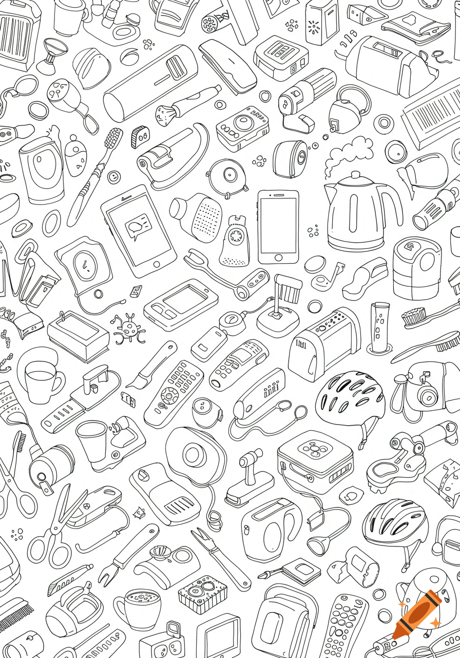 A dense, black and white line art pattern of numerous everyday household items, gadgets, and tools.