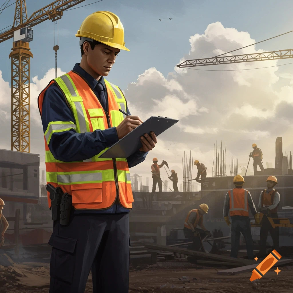 A man in a yellow hard hat and orange safety vest writes on a clipboard at a busy construction site with cranes and workers.