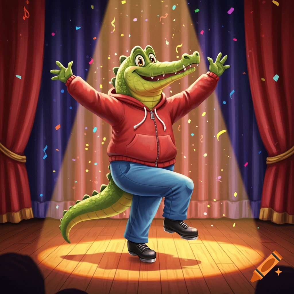 Friendly cartoon alligator wearing a red hoodie and blue pants, tap dancing on a spotlighted stage with confetti.