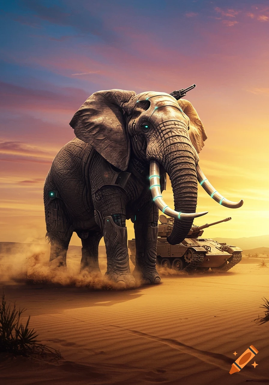 A powerful robotic elephant with glowing tusks stands in a dusty desert with a tank behind it, under a vibrant sunset sky.