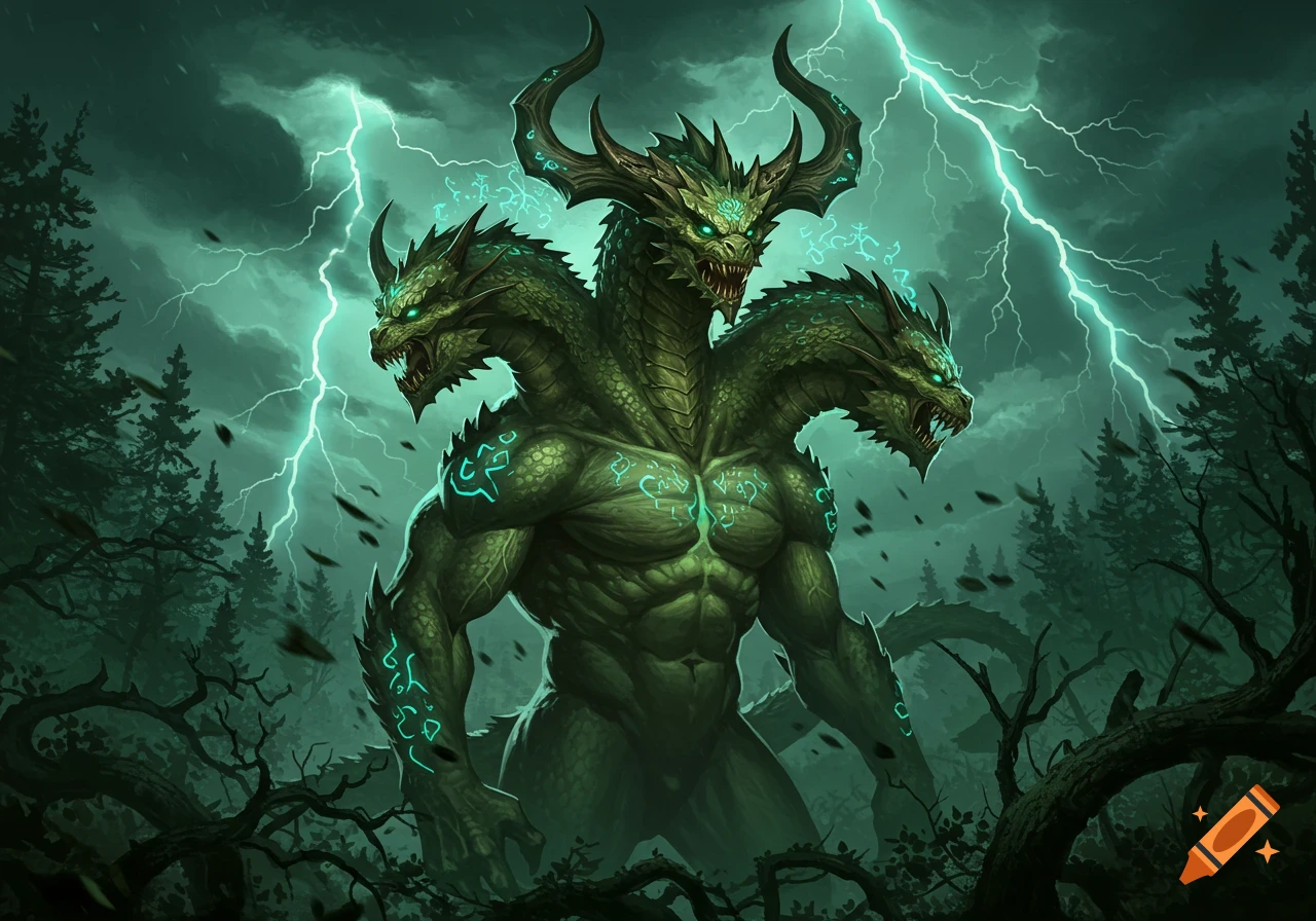 A muscular three-headed green dragon-like monster with glowing runes stands in a dark forest under a stormy sky with lightning.