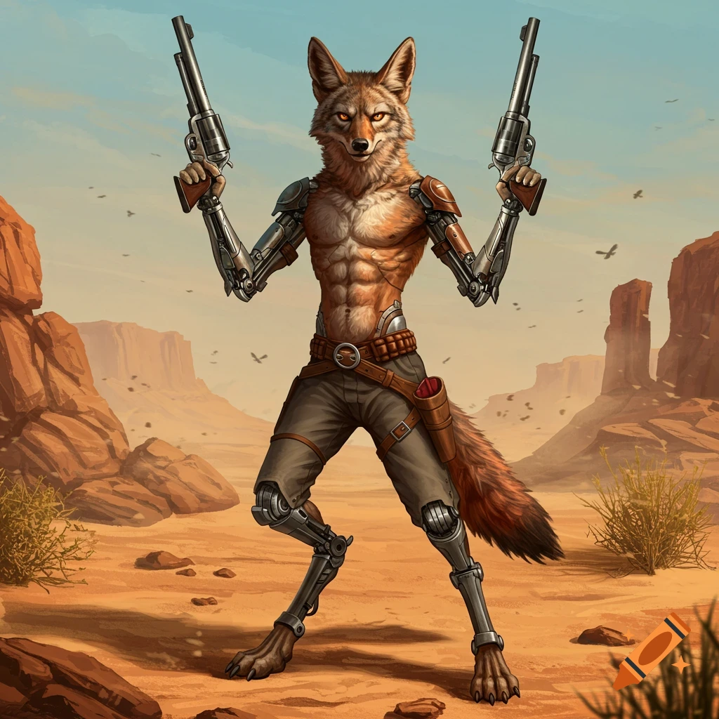 A bipedal, anthropomorphic cyborg coyote holds two revolvers in a desert landscape, digital art.