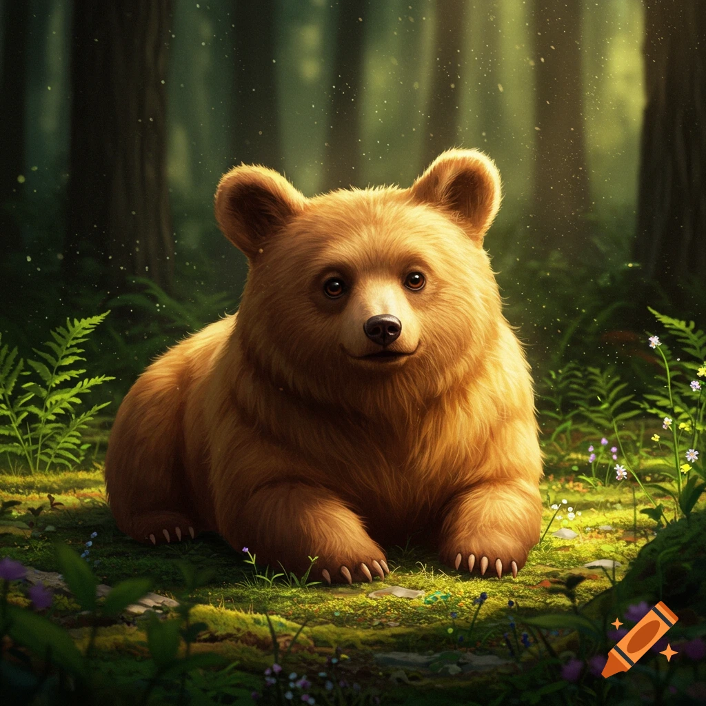 A fluffy brown bear cub sits on a mossy forest floor with glowing dust particles.