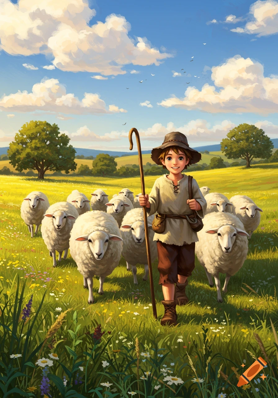 Smiling young shepherd boy with staff leads a flock of sheep through a sunny green meadow with wildflowers, under a blue sky. Illustrated.