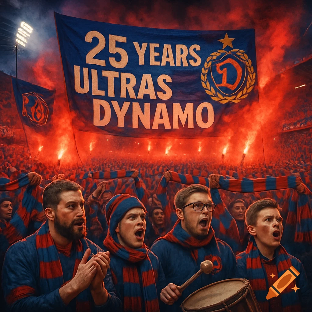Photorealistic image of football ultras cheering in a stadium at night, with red flares and a large banner reading '25 YEARS ULTRAS DYNAMO'.