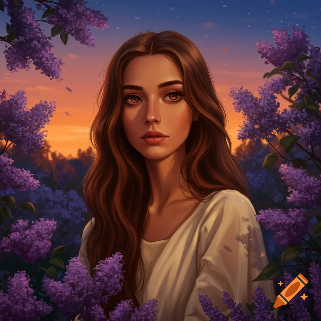 A digitally painted portrait of a young woman with long brown hair and brown eyes, surrounded by purple lilacs at sunset.