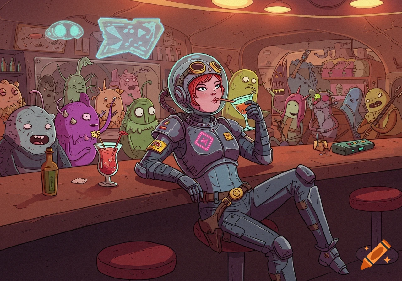 A red-haired female space mercenary in a helmet and futuristic armor sips a cocktail at a bustling alien cantina bar, surrounded by various quirky aliens.