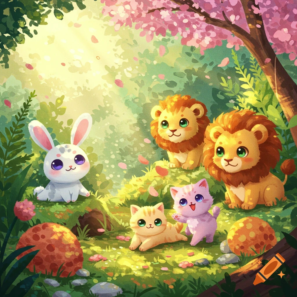 A cute white bunny, two baby lions, and two kittens in a sunny forest with falling pink cherry blossoms.