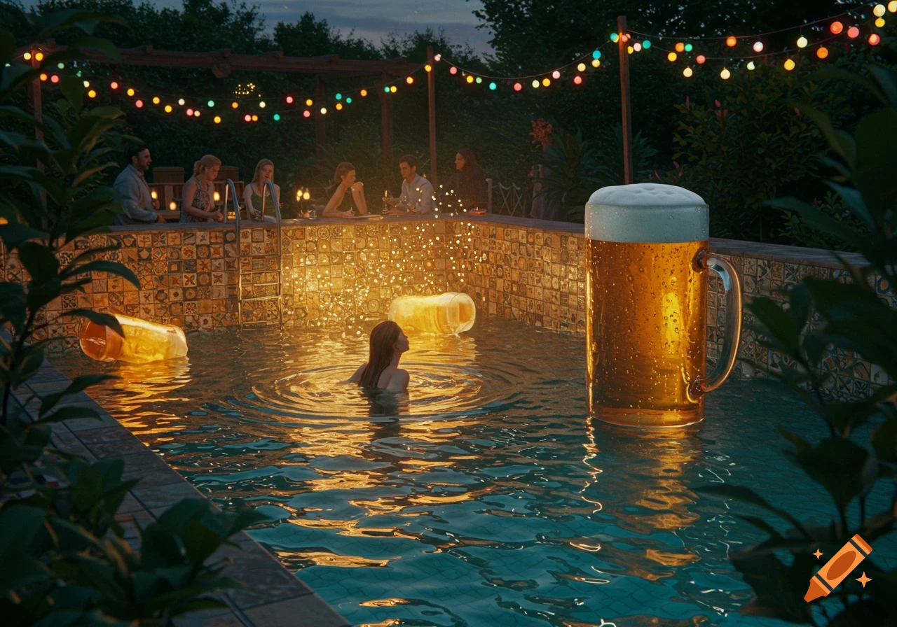 A woman swims in a pool with a giant beer mug and glowing floating objects at a night party with string lights.