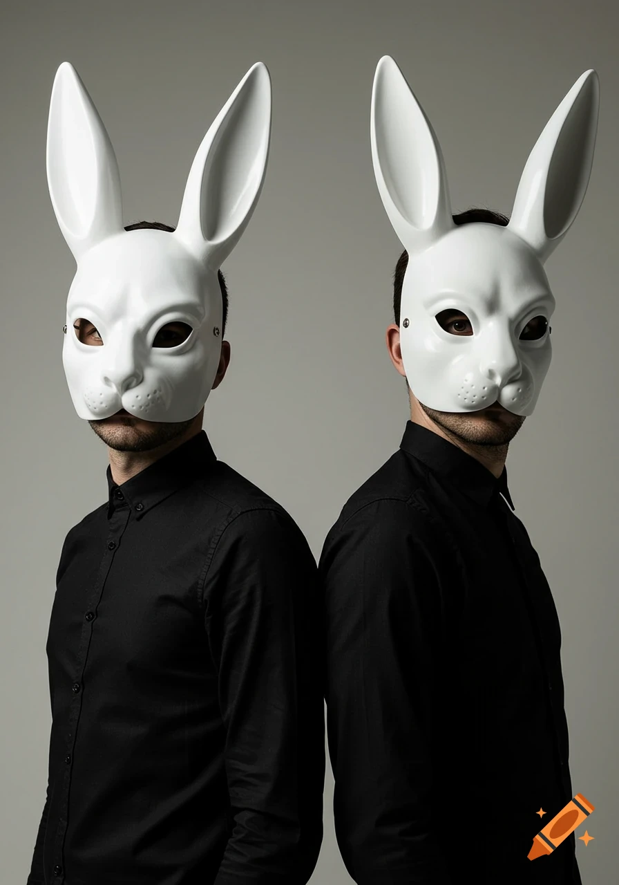 Two men in black shirts wearing white rabbit masks, standing back-to-back in a studio portrait.