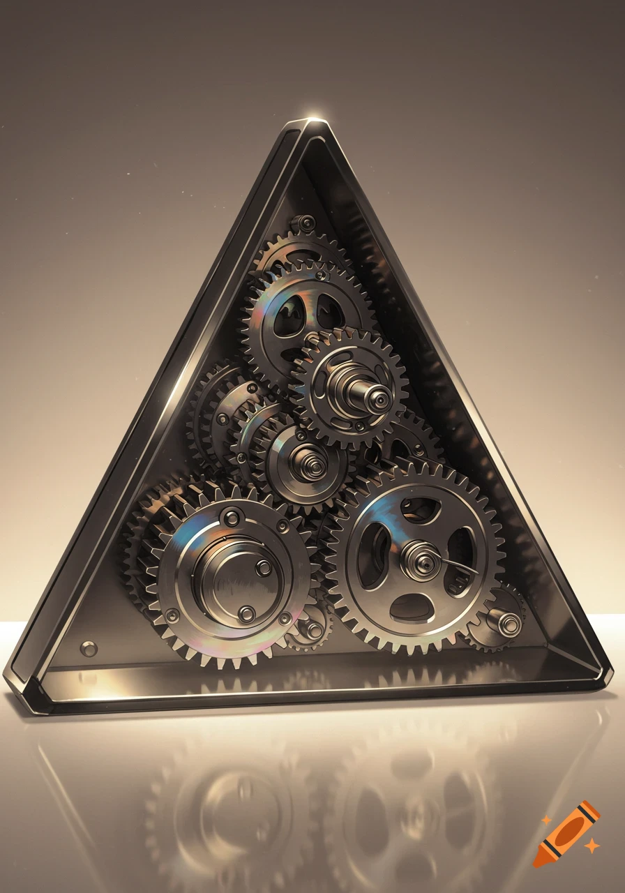Close-up of numerous metallic gears intricately arranged within a shiny triangular box on a reflective surface.