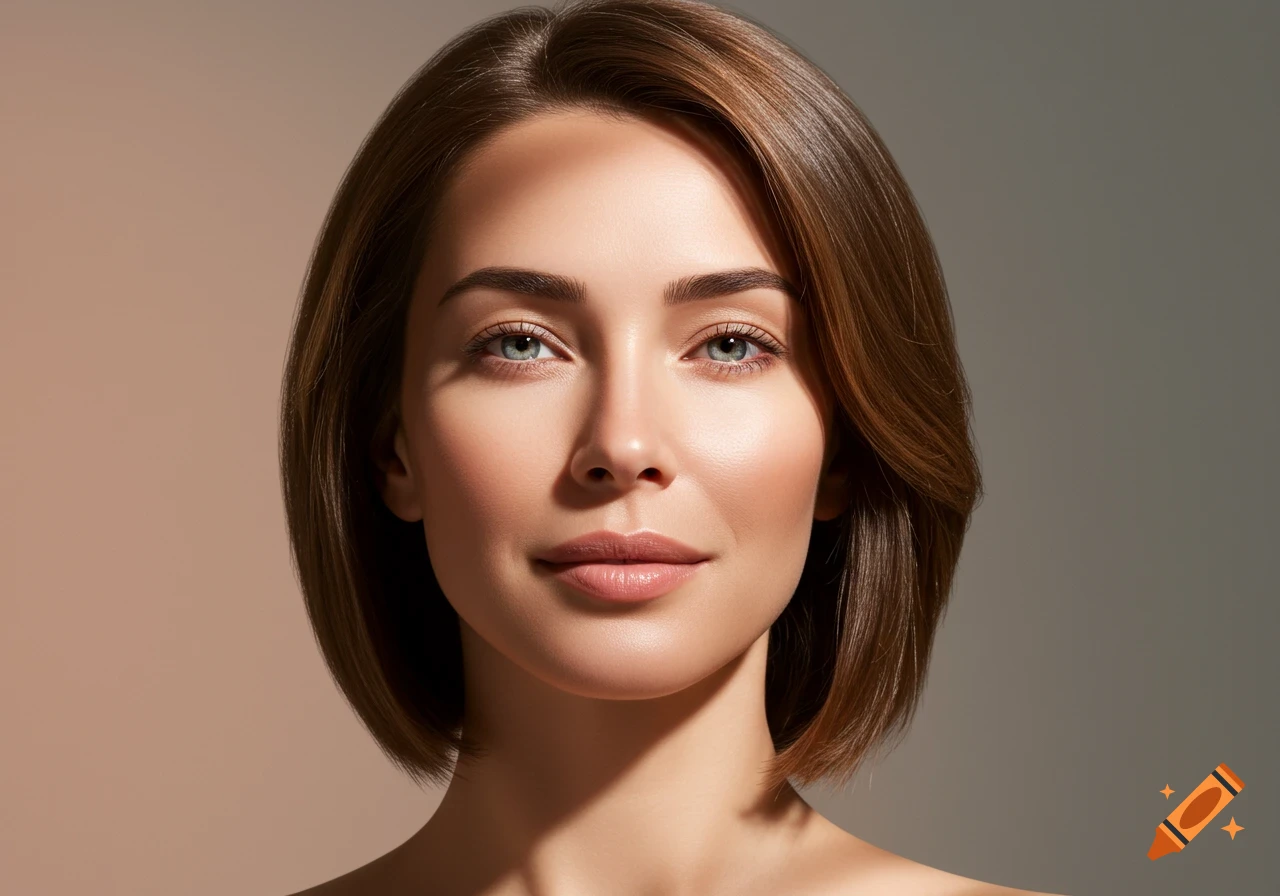 Close-up photorealistic portrait of a woman with short brown hair and blue eyes, smiling slightly, against a gradient background.