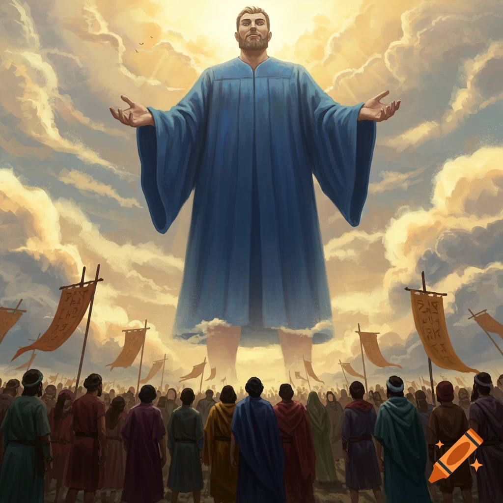 A colossal man in a blue robe stands high above a large crowd of people looking up under a cloudy, golden sky.