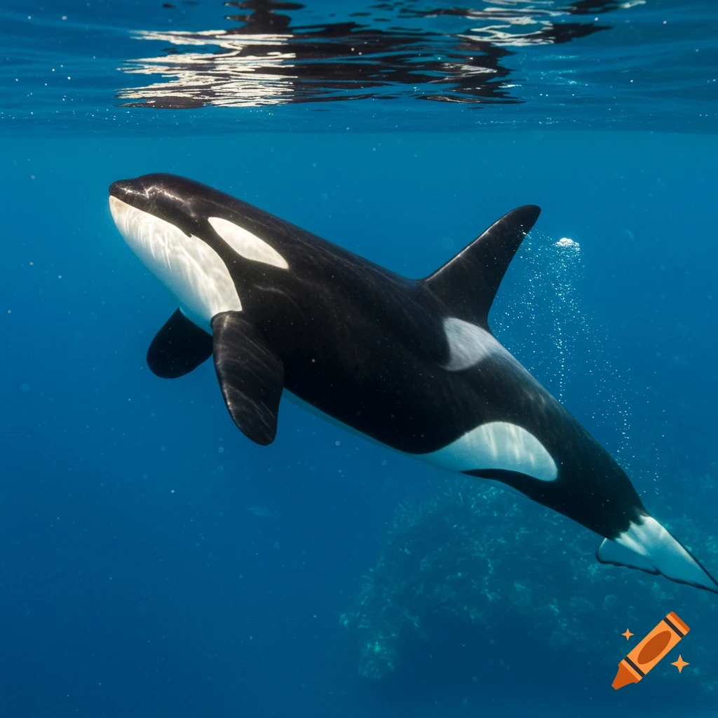 A photorealistic orca swims gracefully underwater in a deep blue ocean, with surface reflections and tiny bubbles.