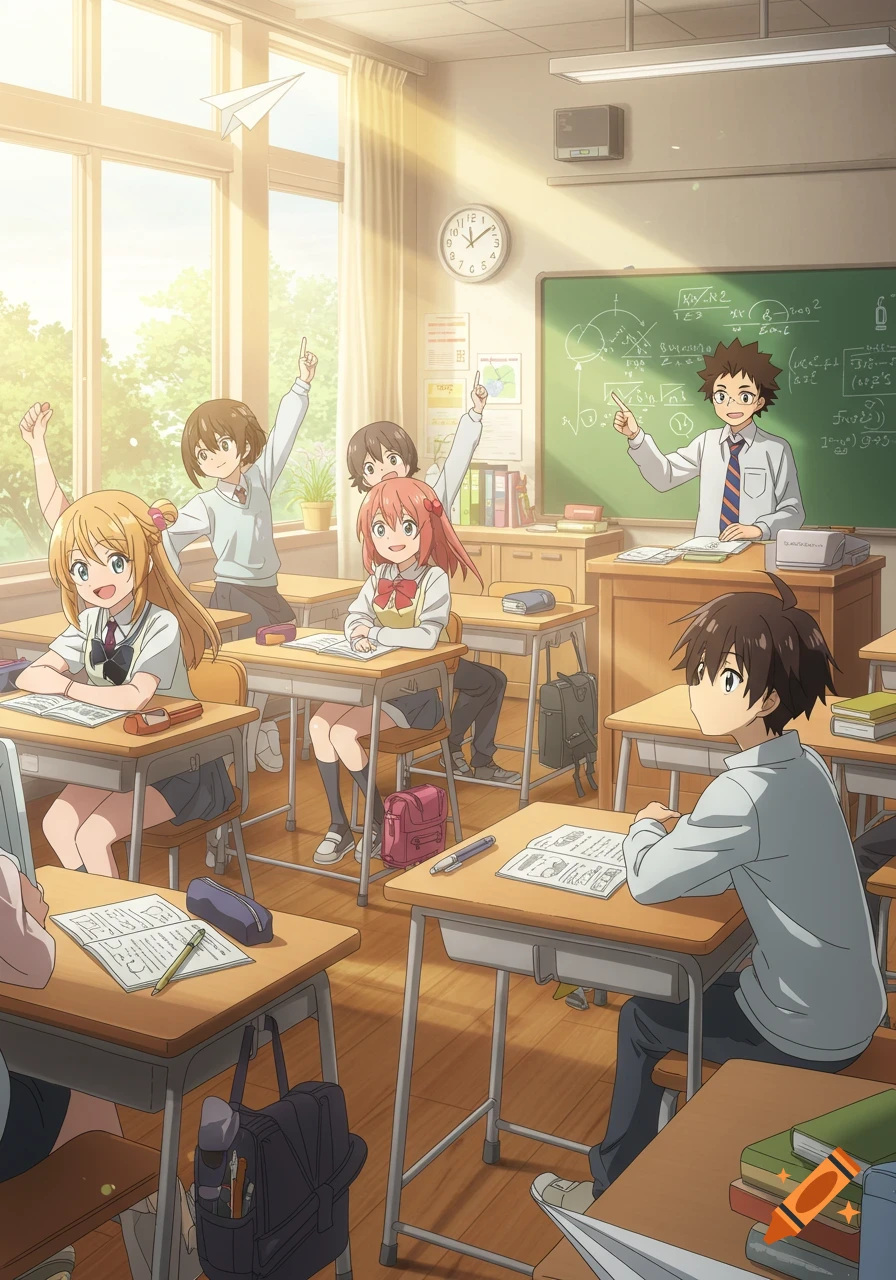 An anime classroom scene with students raising hands, a teacher at the blackboard, and a paper airplane flying.