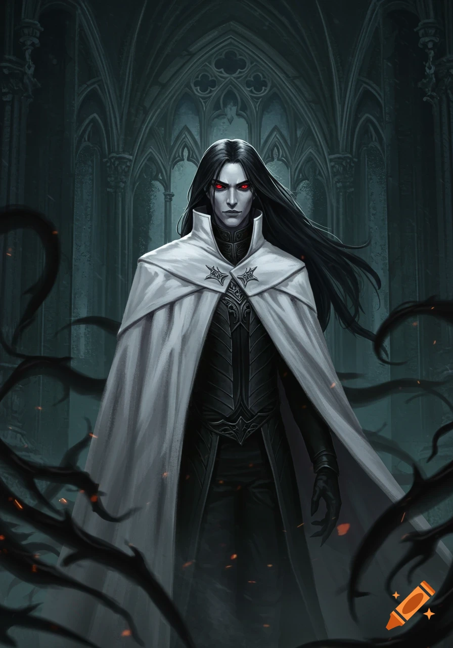 An illustrative dark fantasy figure with long black hair, red eyes, a white cloak, and black regal attire stands in a gothic hall.