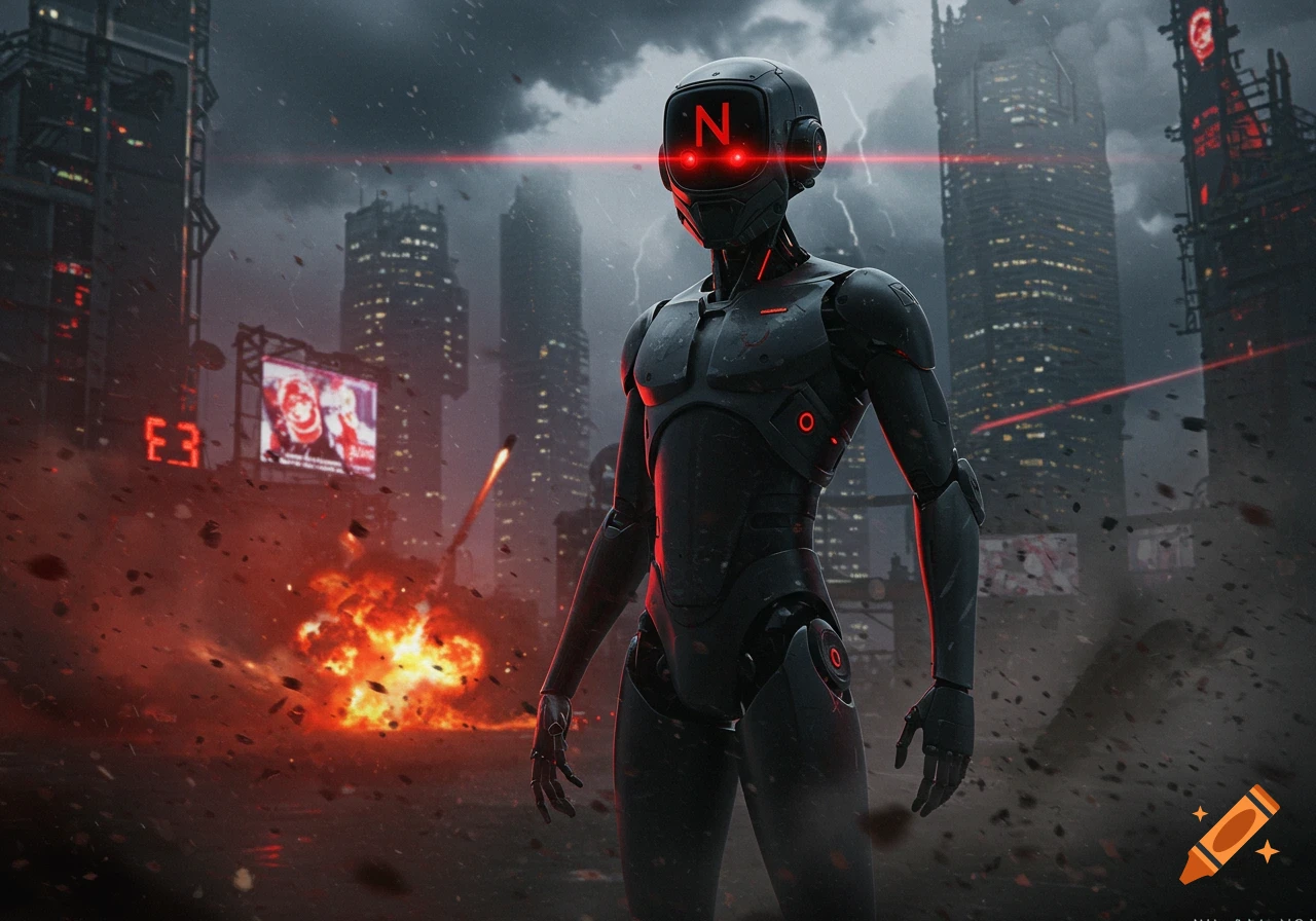 A dark gray robot with a glowing red 'N' on its head stands amidst debris and explosions in a stormy, dystopian city.