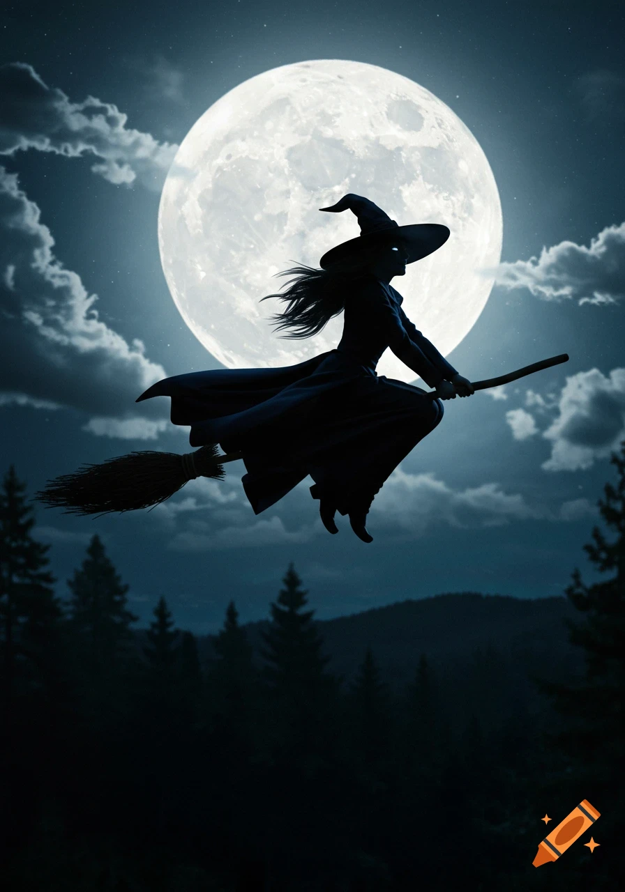 A witch silhouetted against a full moon, flying on a broomstick over dark trees at night.