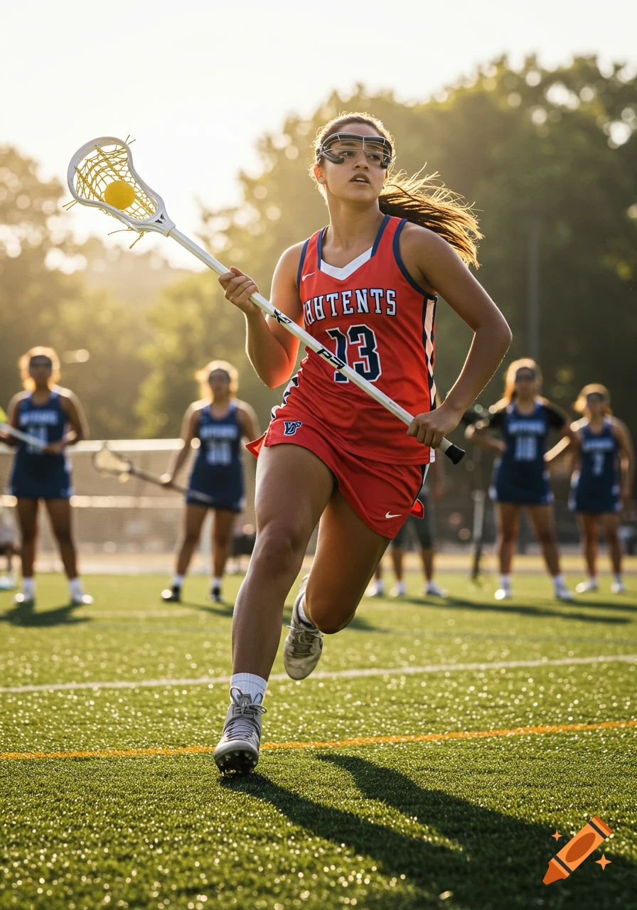 A female lacrosse player in a red jersey with number 13 runs on a sunny green field, holding a stick with a yellow ball.