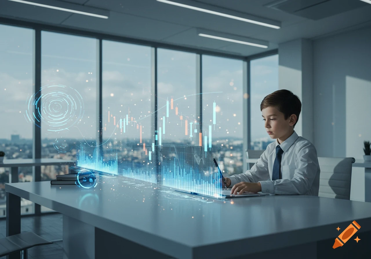 Young student in a white shirt and tie interacts with glowing holographic financial charts at a futuristic desk.