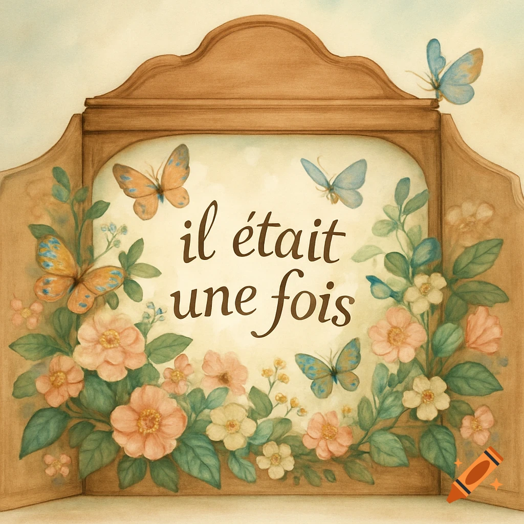 Watercolor illustration of a decorative wooden frame with peach flowers and butterflies, featuring the French text 'il était une fois'.