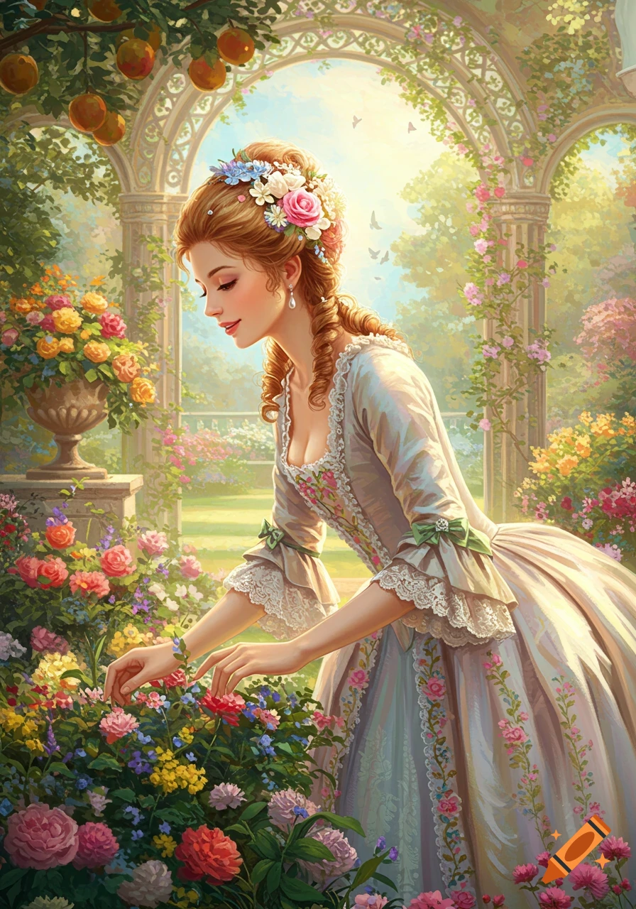 A beautiful woman in an elaborate 18th-century dress tends to vibrant flowers in a lush, sunlit garden with an arched trellis.
