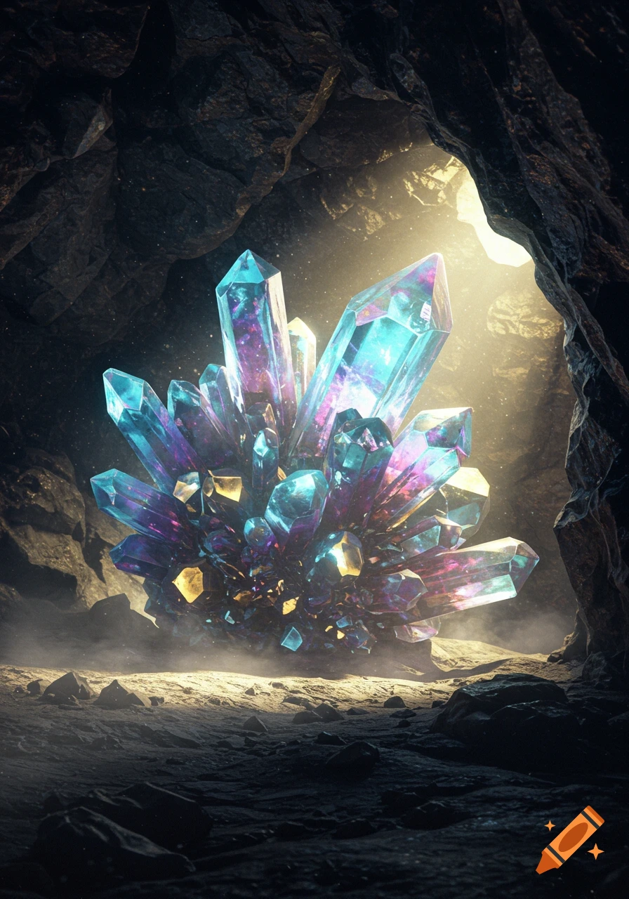 A glowing cluster of blue, purple, and gold crystals illuminates a dark cave, with light streaming from an opening above.