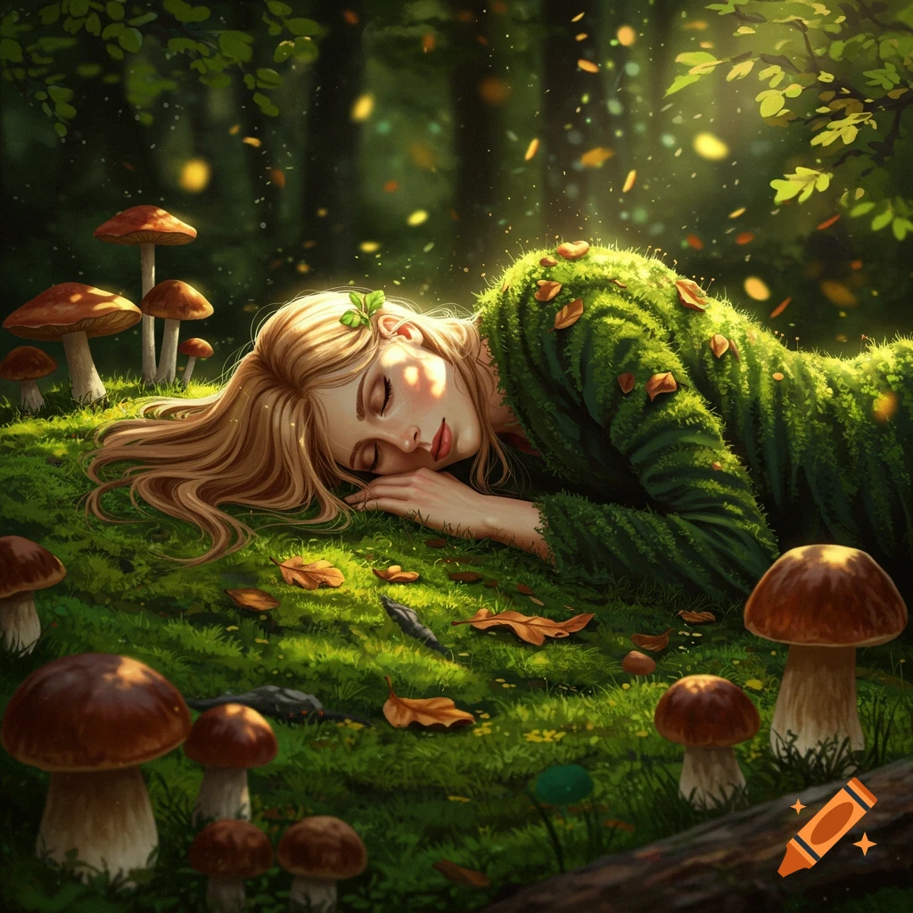 Dreamlike illustration of a woman sleeping on moss in a sun-dappled forest, surrounded by various mushrooms and fallen leaves.