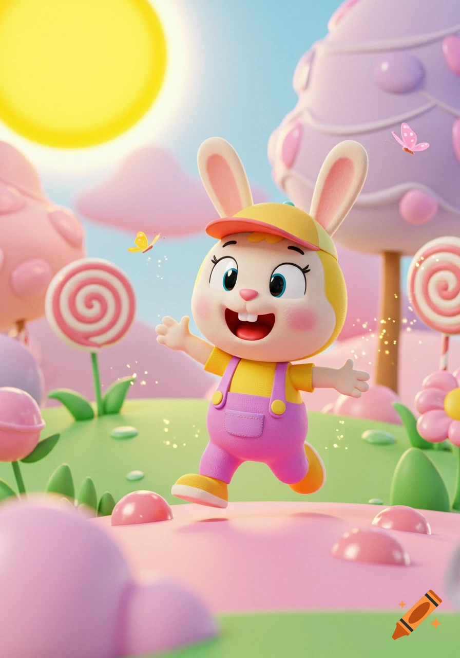 A happy cartoon rabbit in pink overalls and a yellow cap runs through a vibrant candy land with lollipops and pink trees.